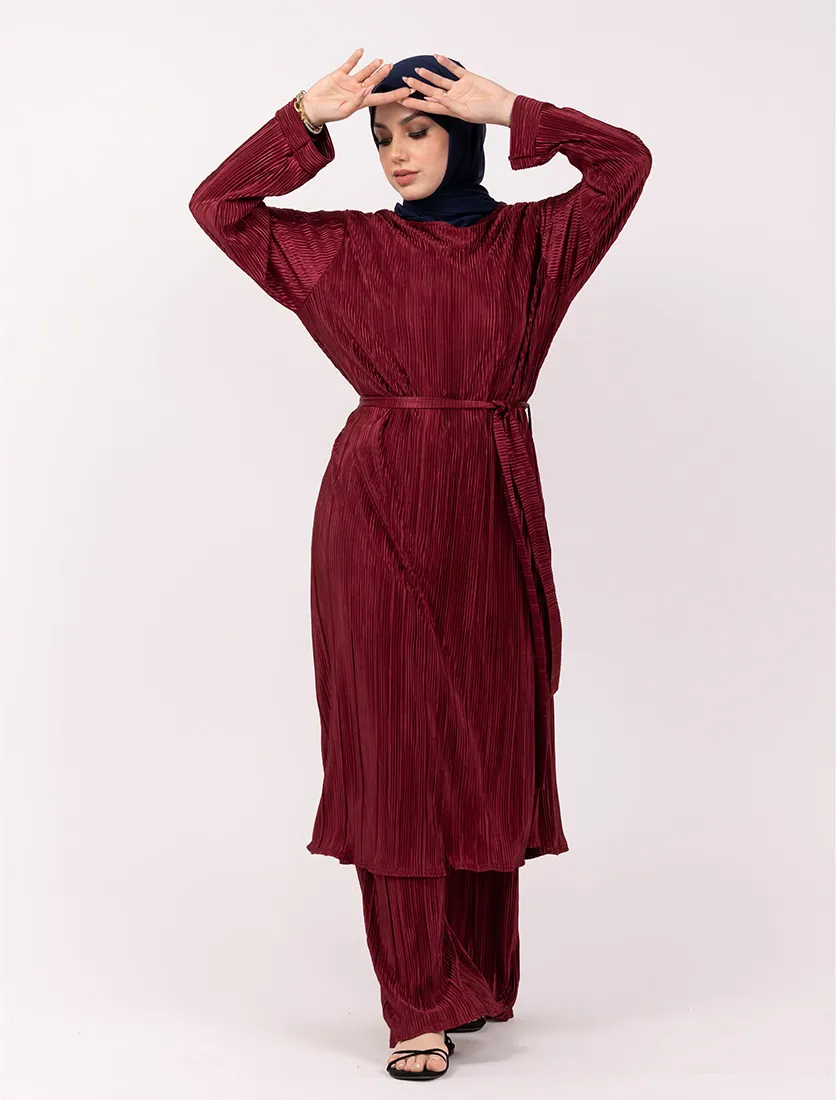 Maroon Long Plisse Co Ord